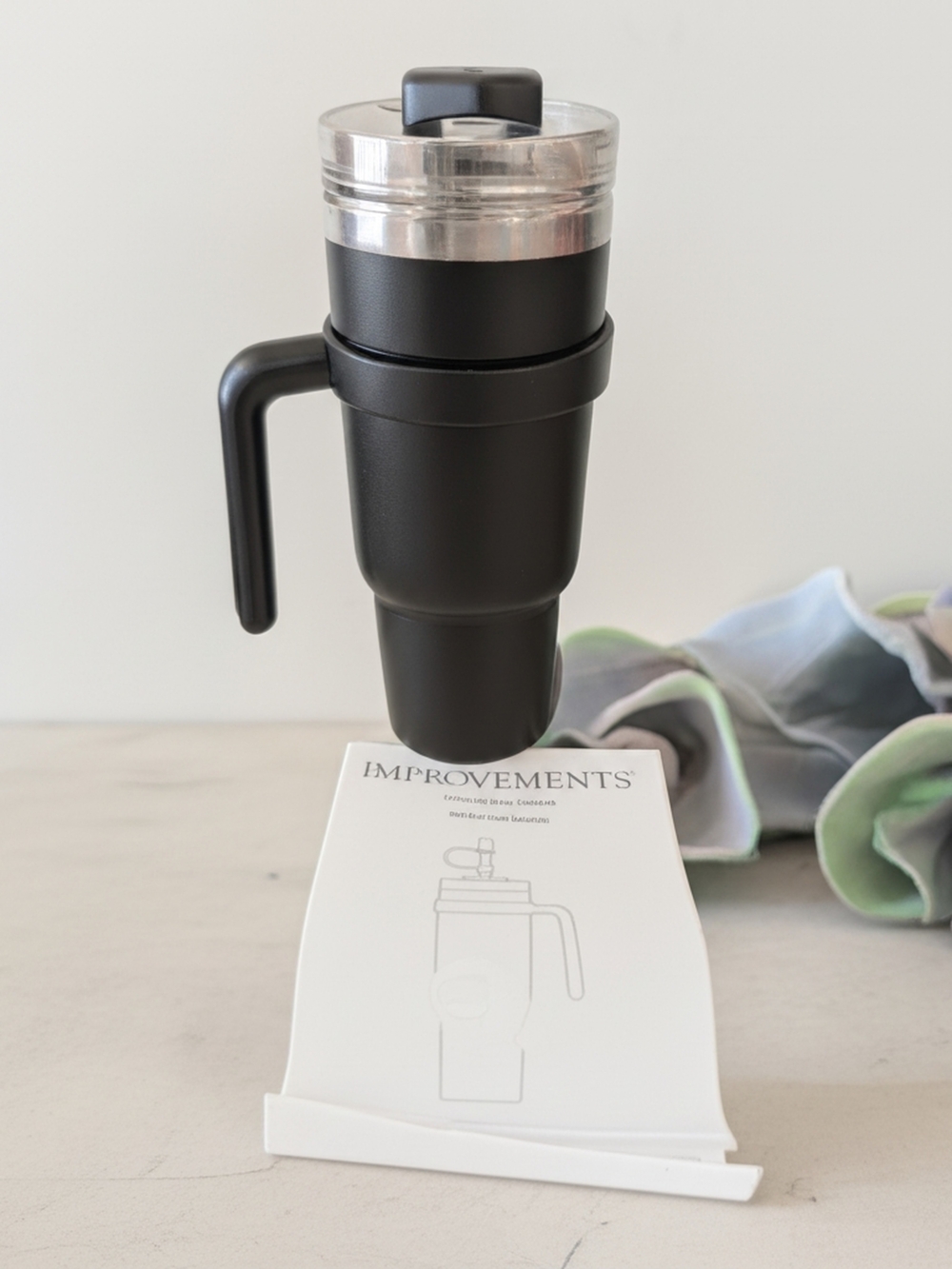 Insulated Black Travel Mug with Handle and Clear Lid